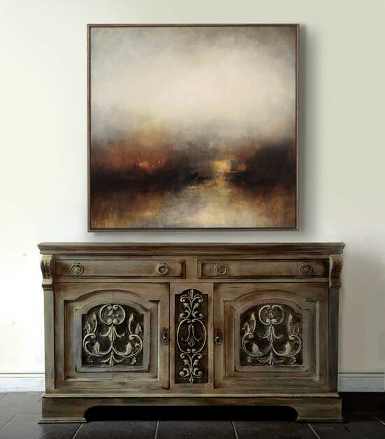 abstract landscape painting by Kerr Ashmore framed and hung over rustic cupboard